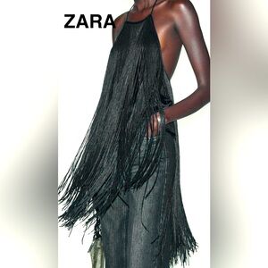 ZARA Black Velvet Fringed Halter Top - Size L - NEW